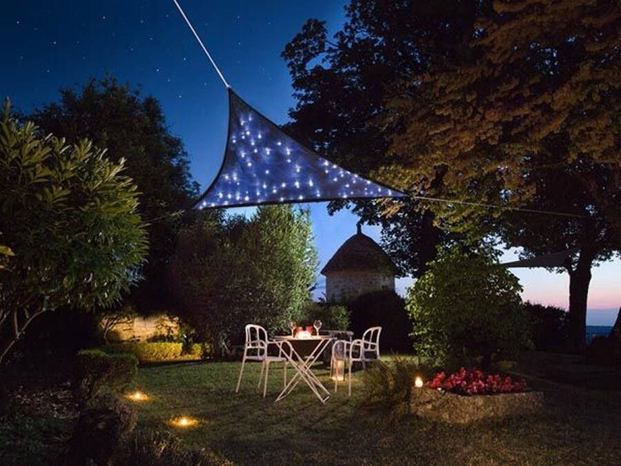 Perel Schaduwdoek met 100 leds sterrenhemel waterdoorlatend luchtdoorlatend 3.6 x 3.6 x 3.6 m 180 g m² zonne-energie HDPE driehoek blauw