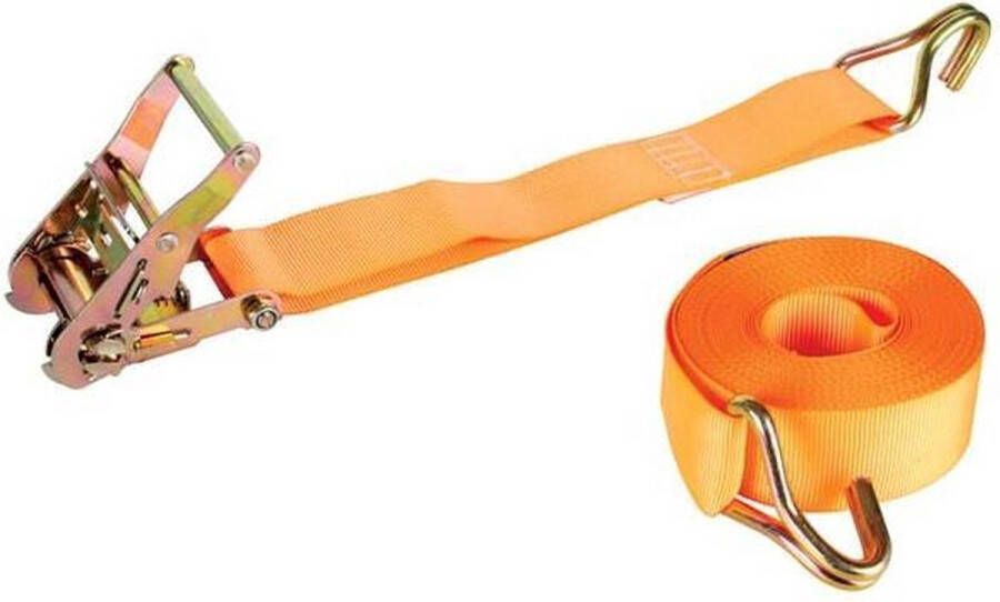 Perel Spanband tweedelig met ratel en J-haken voor het vastzetten van middelzware ladingen max. 1000 kg polyester oranje 9 m x 50 mm 1 stuk