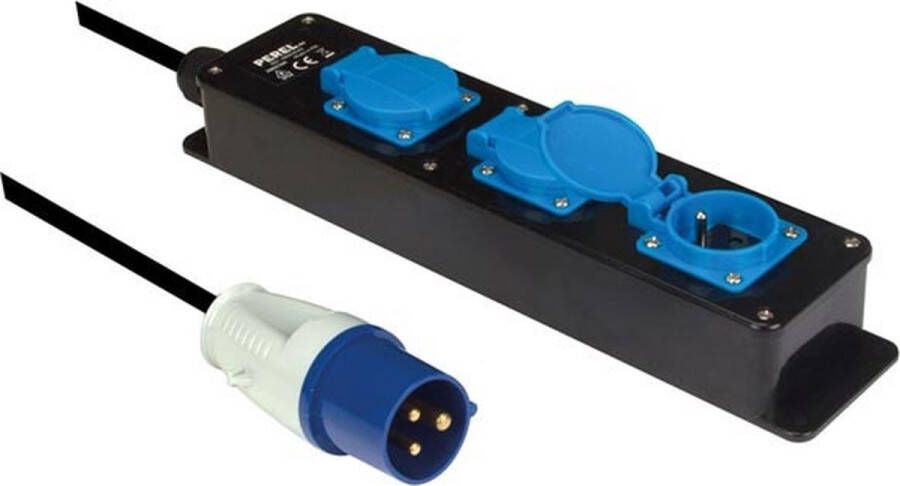 Perel Stekkerdoos 3 klapdeksels 3 stopcontacten met penaarde (type E) CEE-stekker kabel 3 m 3G2.5 voor binnen en buiten zwart blauw