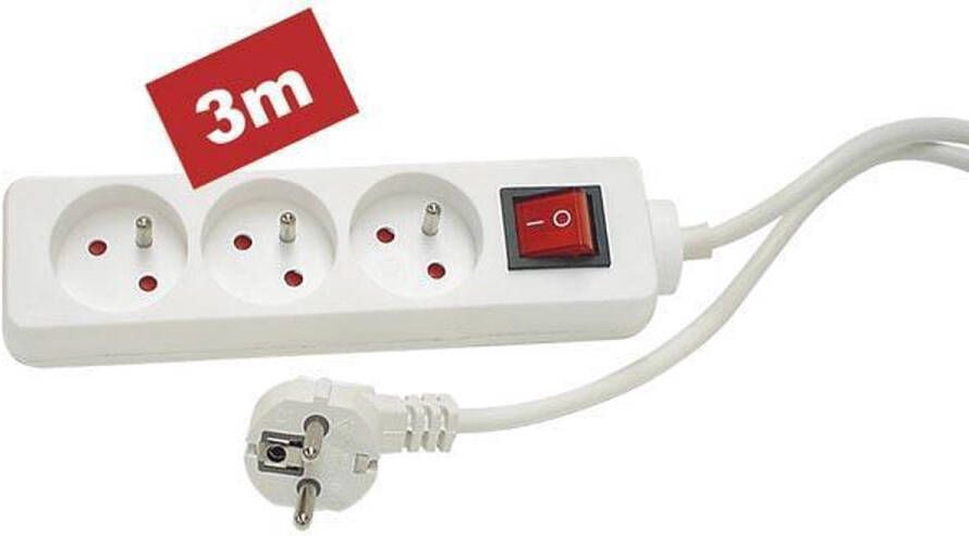 Perel Stekkerdoos met schakelaar 3 stopcontacten met penaarde (type E) kabel 3 m 3G1.5 gebruik binnenshuis wit