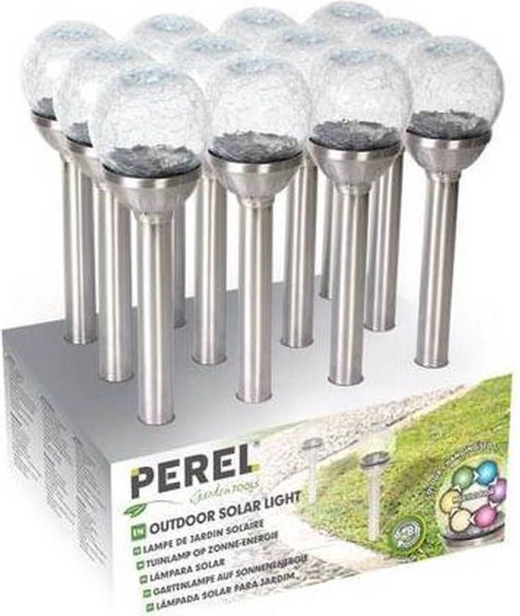 Perel Led-tuinlamp Op Zonne-energie Rgb Met Sokkel 12 Stuks Roestvrij Staal Grijs