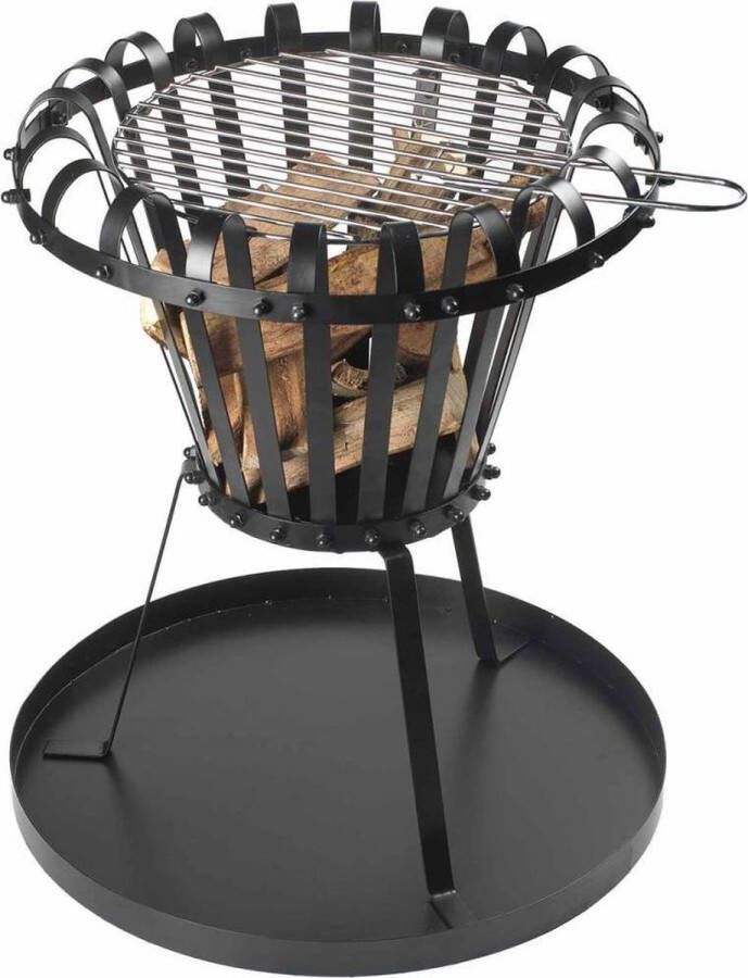 Perel Vuurkorf met verchroomd grillrooster bodemplaat rond 53.5 x Ø 50 cm gecoat metaal zwart