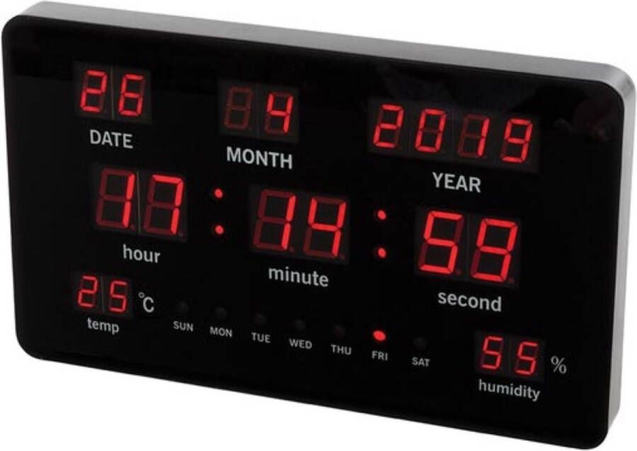 Perel Wandklok met led-display digitaal thermometer hygrometer zwart rood