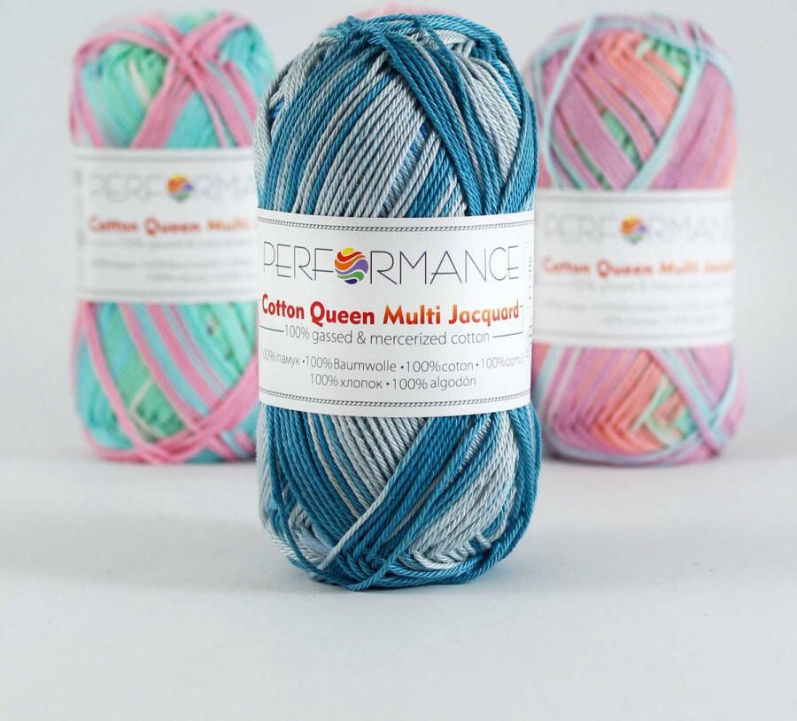 Performance yarn 5 bollen haakgaren katoen blauw multi (10489) Cotton Queen multi Jacquard garen