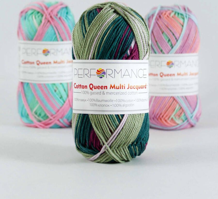 Performance yarn 5 bollen haakgaren katoen paars groen multi (10453) Cotton Queen multi jacquard garen