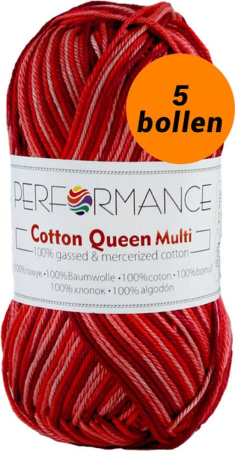 Performance yarn 5 bollen haakgaren katoen rood bordeaux (9531) Cotton Queen multi garen