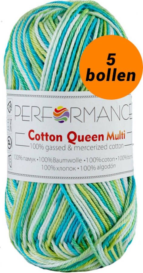 Performance yarn 5 bollen haakgaren katoen turquoise groen (10401) Cotton Queen multi garen