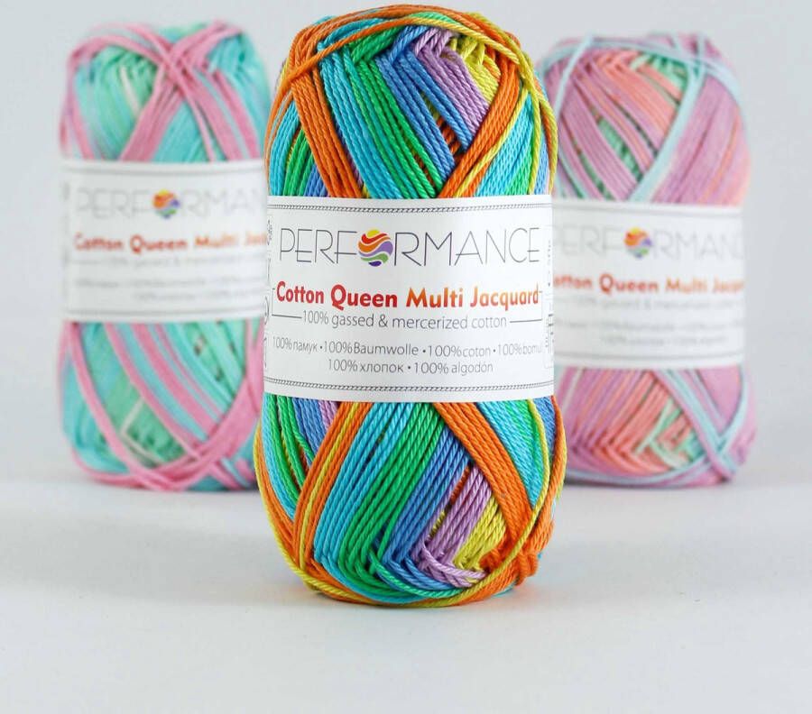 Performance yarn 5 bollen haakgaren katoen vrolijke kleuren multi (10458) Cotton Queen multi jacquard garen