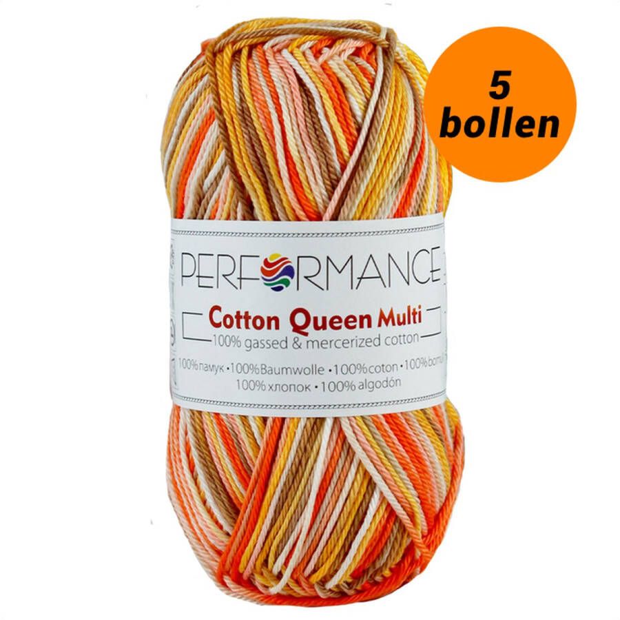 Performance yarn 5 bollen Haakgaren kleur Oranje bruin geel gemêleerd (9075) Cotton queen multi garen