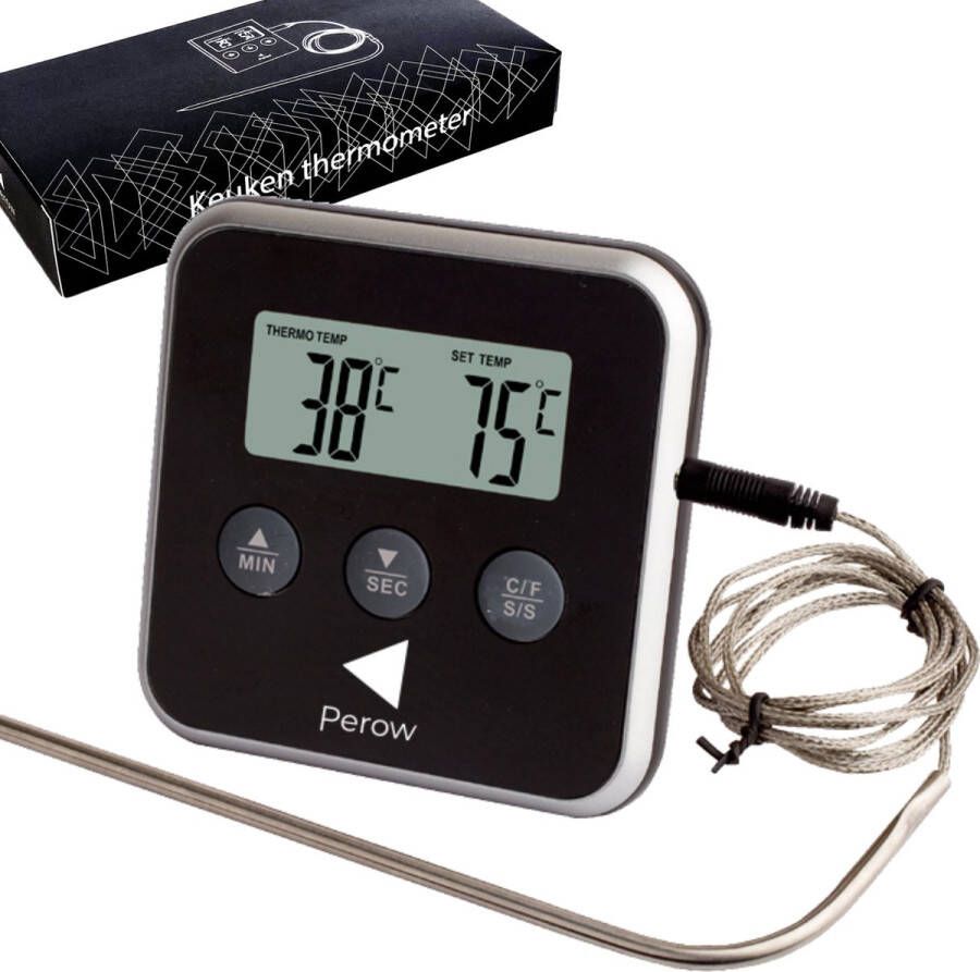 Perow BBQ Thermometer en Wekker – Zwart – Suikerthermometer – Voedselthermometer