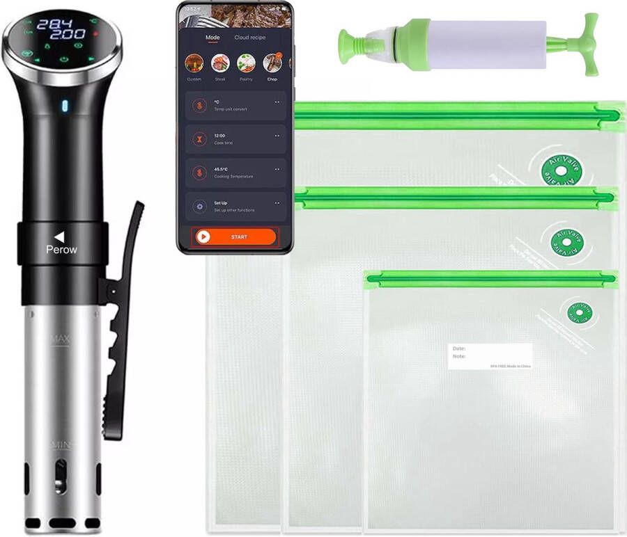 Perow Sous Vide Stick – Inclusief Wi-Fi en App – Inclusief Vacuum set Slow Cooker – Smart Slowcooker – Sous Side Zakken Zwart RVS