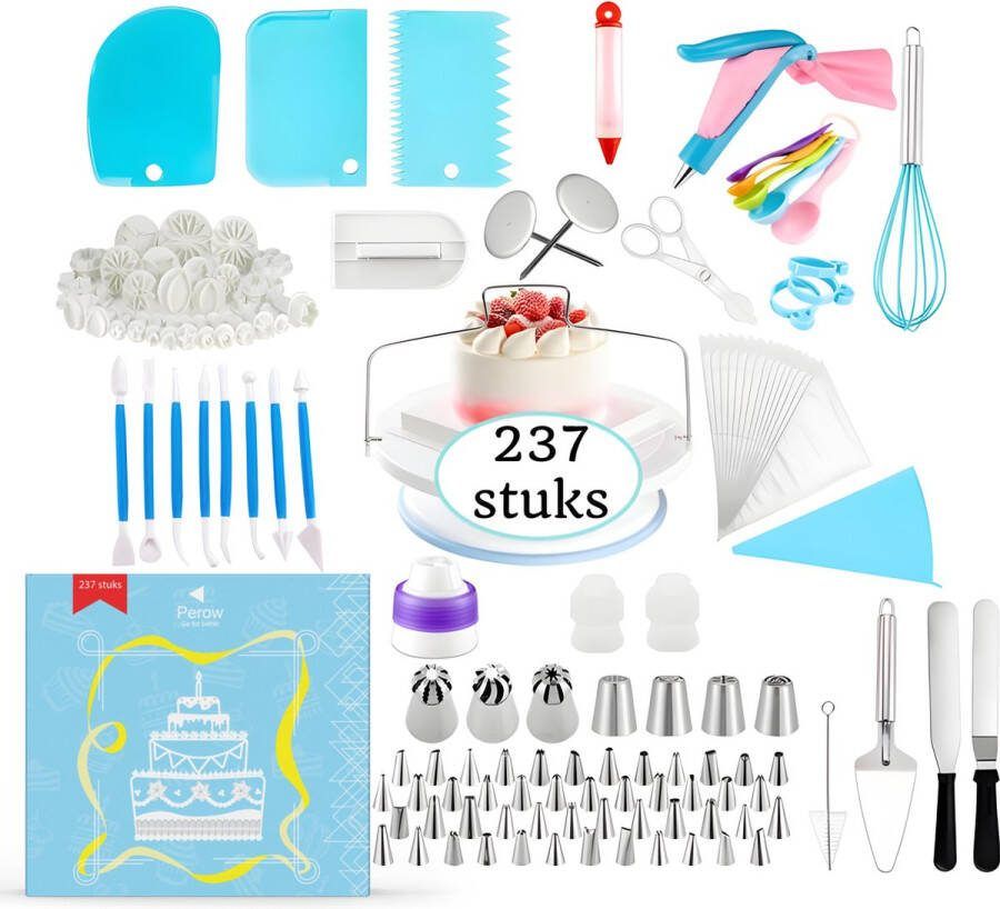 Perow Taarten Bak Set Luxe XXL 237 Delig Set Bakset Kinderen Decoratie Set Taartplateau Taartvorm Taartversieringen Taarttopper Herbruikbare Spuitzak Cupcake Vormpjes
