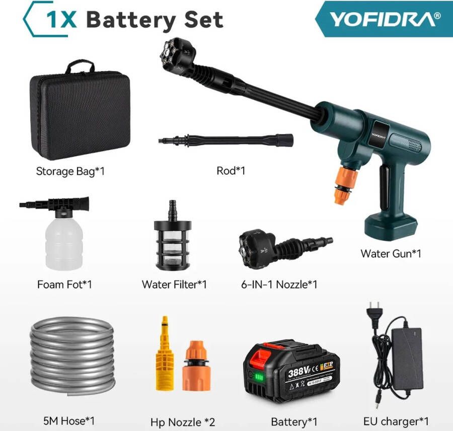 Personal Sale PS Hogedrukreiniger auto terrasreiniger Borstelloze Elektrische Hogedrukreiniger 6in1 Inclusief 1 batterij opbergkoffer waterfilter Schuimkanon 3500W 200bar 18V