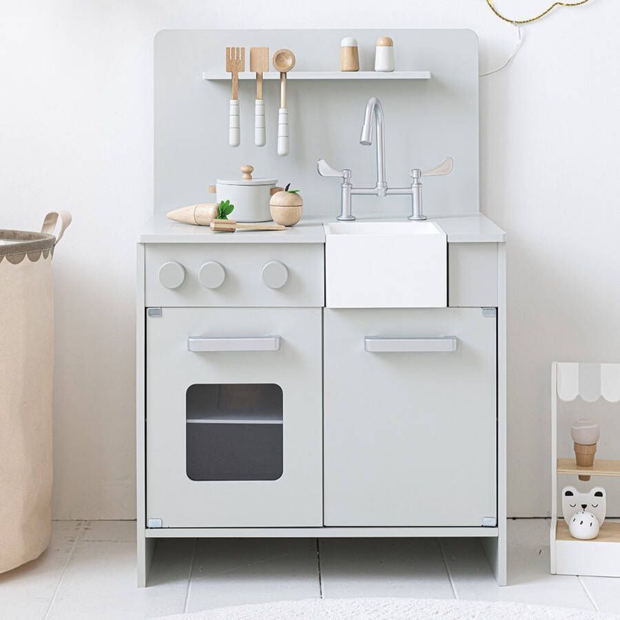 Petite Amelie Petite Amélie Kinderkeuken Hout Inc. 7 Speelgoed Keuken Accessoires Klassieker voor de Kleine Chefkok Hoogte 55 cm Grijs Groen