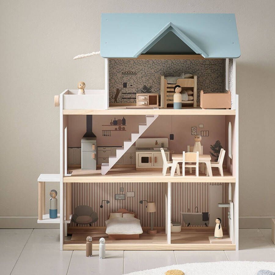 Petite Amelie Petite Amélie Poppenhuis Hout Inc. 14-delige Poppenhuis Meubels H81x L60 x B26 cm Wit & Pastel Blauw