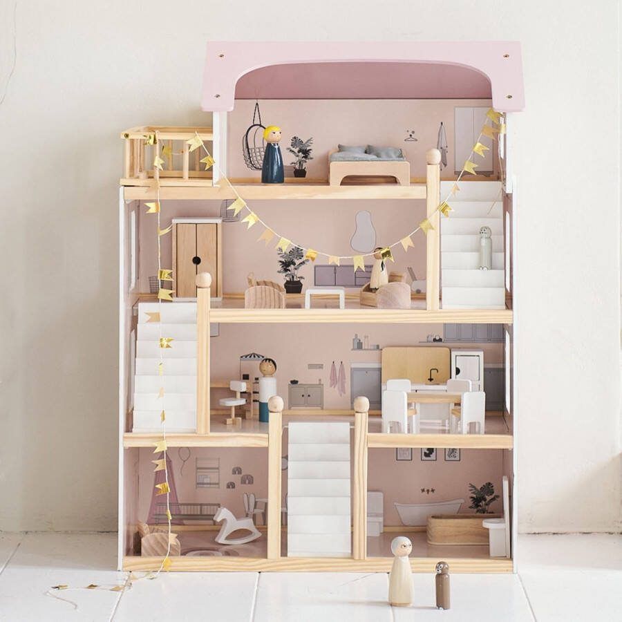 Petite Amelie Poppenhuis Roze 'La Lyonnaise' Groot Houten Poppenhuis – Incl. 19-delige poppenhuis meubels – Vier Verdiepingen Vol Fantasie – Een Betoverende Roze Sprookjeswereld