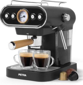 Petra Barista Pistonmachine 19Bar Espressomachine met melkopschuimer Kopjesverwarmer Gemalen bonen en cups