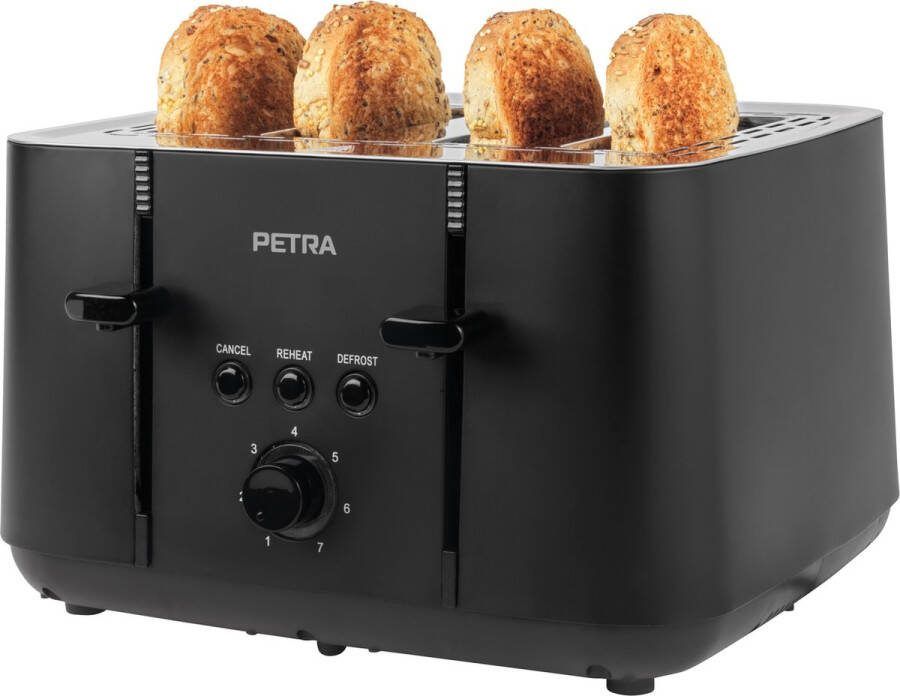 Petra broodrooster – Broodrooster met 4 sneetjes – 7 warmtestanden – 4 extra brede sleuven – 1850 W – Zwart