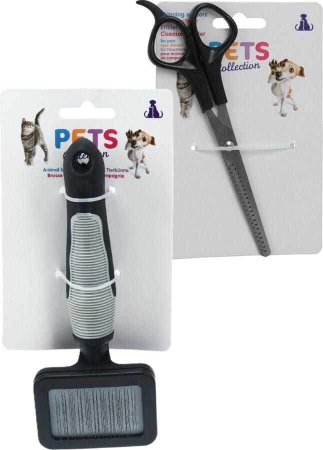 Pets Collection huisdieren vacht verzorg set borstel en knipschaar kat hond 18 cm