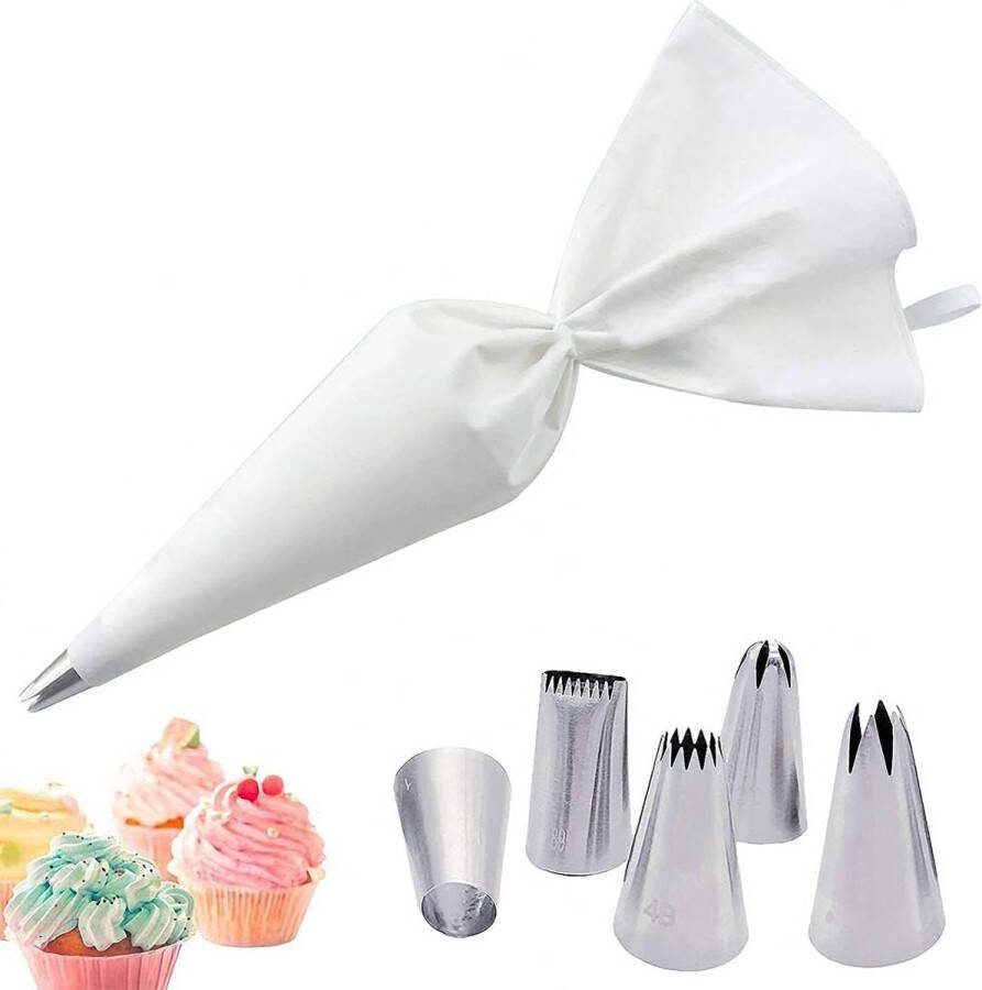 Peutpy Taartdecoratieset 5 stuks sproeiers en 1 herbruikbare spuitzak roestvrijstalen sproeiers voor het versieren van cake cupcake gebak koekjes wit