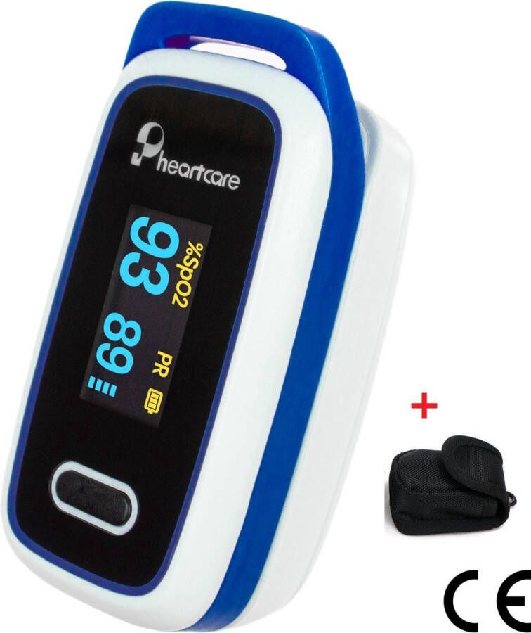 Pheartcare High Quality Saturatiemeter Zuurstofmeter met bescherm tas en Inspectie Certificaat en Medische Kwalificatie Blauw