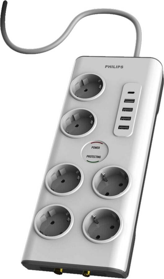 Philips 6-voudige stekkerdoos SPN7061WA 19 230V Wit USB USB-C Coaxaansluitingen Netspanningsbeveiliging
