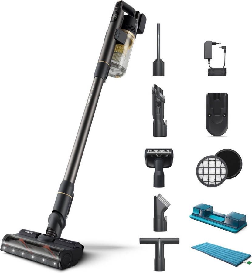 PHILPS Philips Aqua Cordless 7000 Series XC7057 01 Steelstofzuiger Draadloos met Dweilfunctie Goud Zwart + 4 Extra Mondstukken & Filter