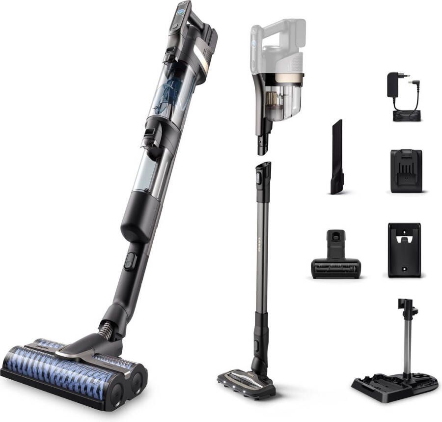 Philips AquaTrio Cordless 9000 Series XW9383 01 Steelstofzuiger Draadloos met Dweilfunctie Zwart + 2 Extra Mondstukken & Vloerreiniger