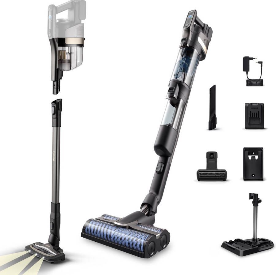 Philips AquaTrio Cordless 9000 Series XW9383 01 Steelstofzuiger Draadloos met Dweilfunctie Zwart + 2 Extra Mondstukken & Vloerreiniger