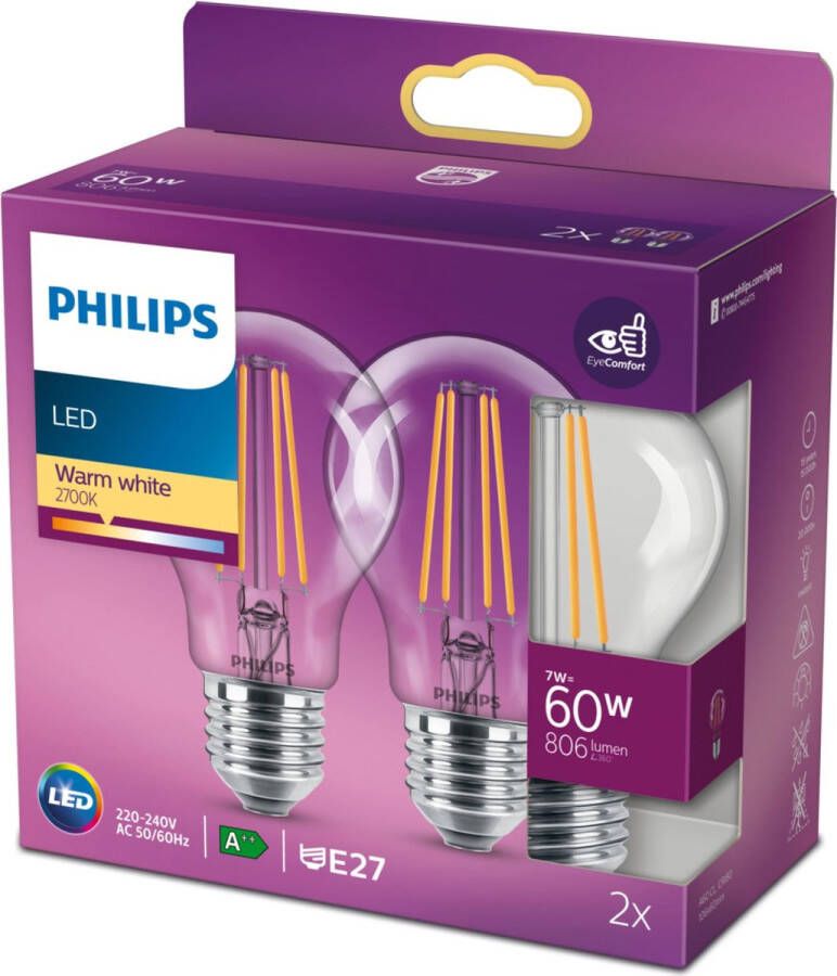 Philips energiezuinige LED Lamp Transparant 60 W E27 warmwit licht 2 stuks Bespaar op energiekosten