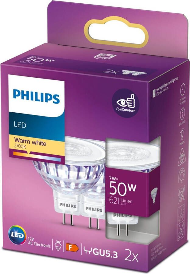 Philips energiezuinige LED Spot 50 W GU5.3 warmwit licht 2 stuks Bespaar op energiekosten