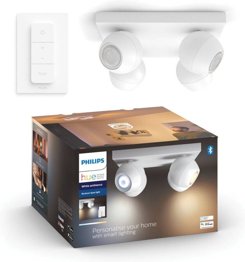 Philips Hue Buckram Opbouwspot White Ambiance GU10 Wit 4 x 5 5W Bluetooth Incl. Dimmer Switch