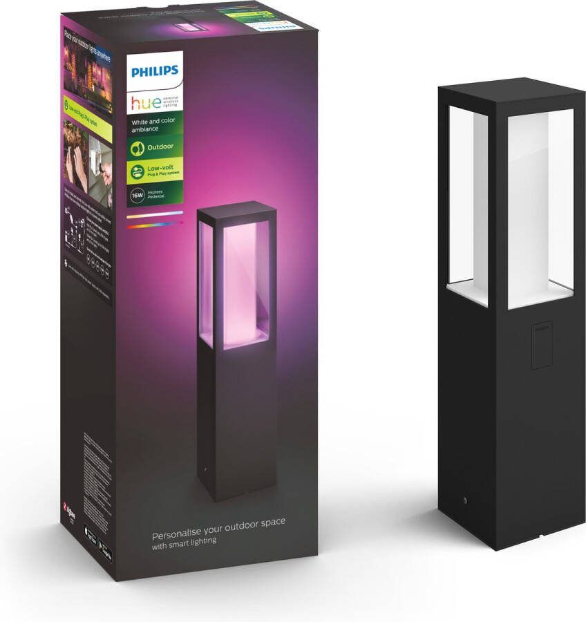 Philips Hue Impress sokkellamp wit en gekleurd licht zwart laag laagspanning uitbreiding