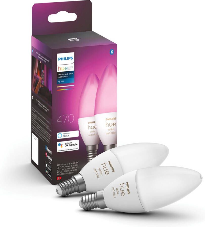 Philips Hue Kaarslamp Lichtbron E14 Duopack wit en gekleurd licht 5 2W Bluetooth 2 Stuks