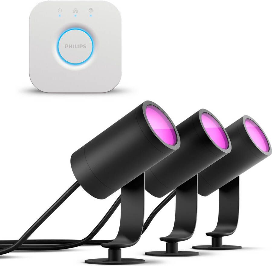 Philips Hue Lily Tuinspot Starterspakket met Hue Bridge Prikspot White and Color Ambiance Tuinspots voor Buiten Grondspot Tuinverlichting 3 Spots