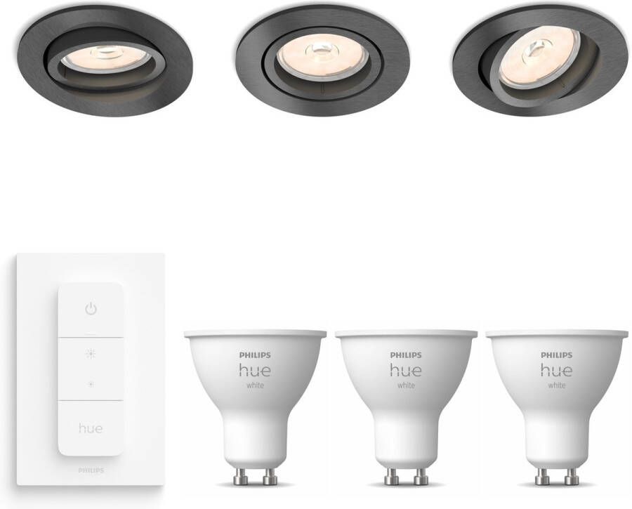 Philips Hue Philips Donegal Inbouwspots Antraciet met White GU10 & Dimmer Switch LED Dimbaar Spotjes Inbouw 3 Lichtpunten Antraciet