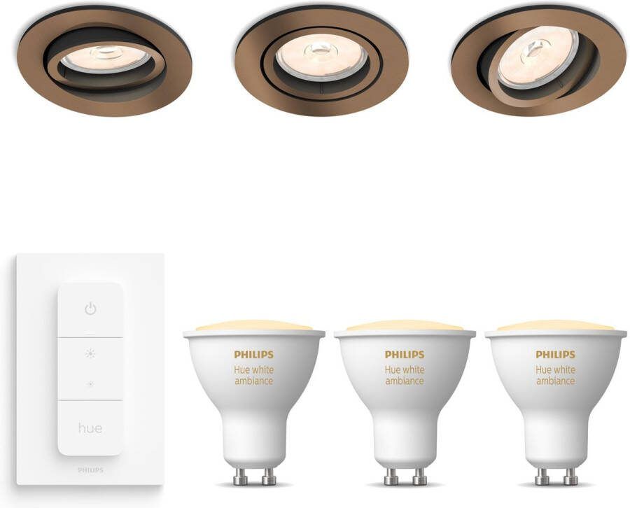 Philips Hue Philips Donegal Inbouwspots met White Ambiance GU10 & Dimmer Switch LED Dimbaar Spotjes Inbouw 3 Stuks Koper