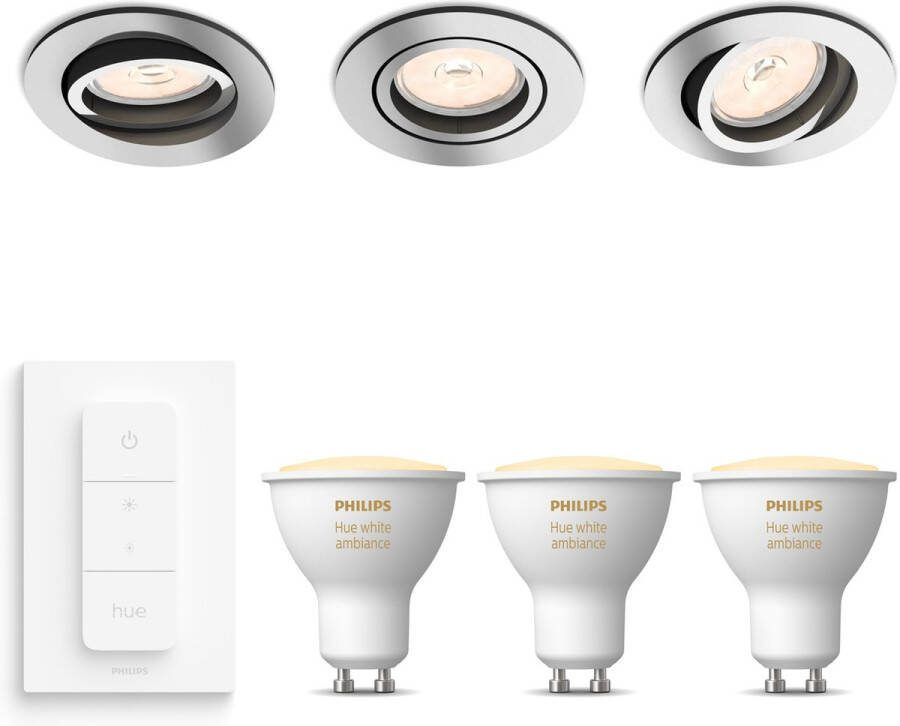 Philips Hue Philips Donegal Inbouwspots met White Ambiance GU10 & Dimmer Switch Warm tot Koel Wit Licht Dimbaar Spotjes Inbouw 3 Stuks Chroom