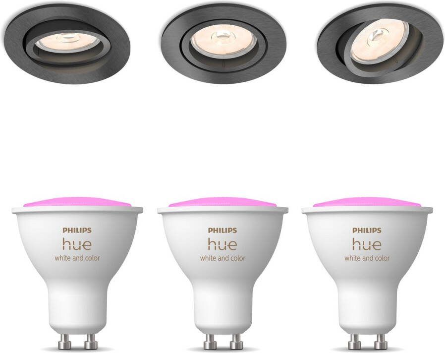 Philips Hue Philips Donegal Inbouwspots met White & Color Ambiance GU10 Wit en Gekleurd Licht Dimbaar Spotjes Inbouw 3 Stuks Antraciet