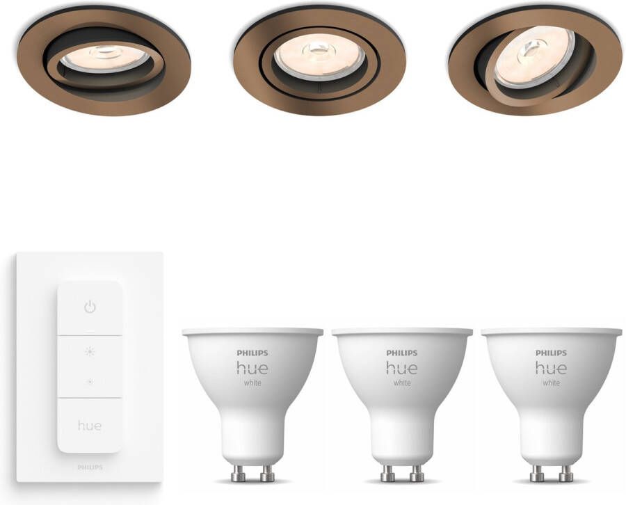 Philips Hue Philips Donegal Inbouwspots met White GU10 & Dimmer Switch LED Dimbaar Spotjes Inbouw 3 stuks -Koper