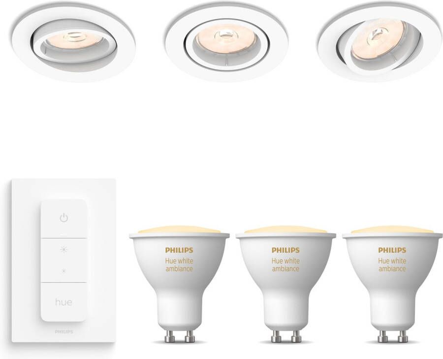 Philips Hue Philips Enneper Inbouwspots met White Ambiance GU10 & Dimmer Switch Warm tot Koel Wit Licht Dimbaar Spotjes Inbouw 3 Stuks Wit