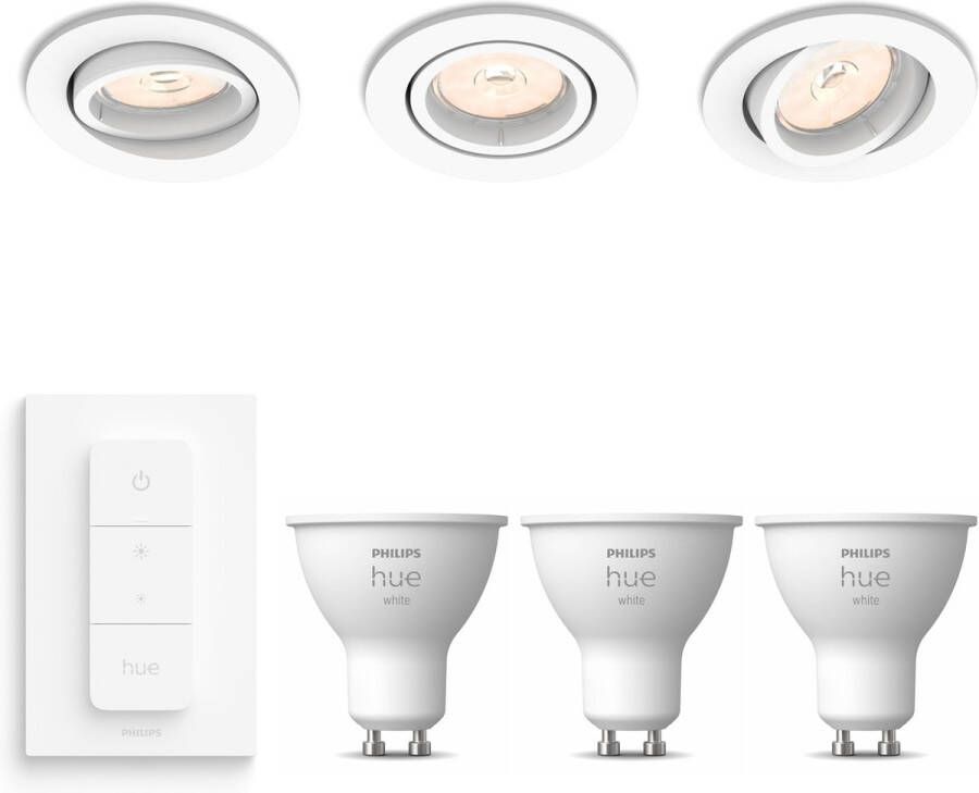 Philips Hue Philips Enneper Inbouwspots met White GU10 & Dimmer Switch Warm tot Koel Wit Licht Dimbaar Spotjes Inbouw 3 Stuks Wit