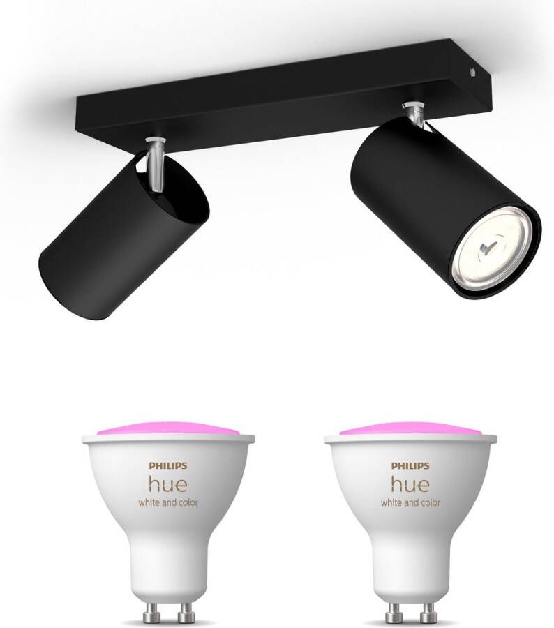 Philips Hue Philips myLiving Kosipo Opbouwspot Zwart 2 Lichtpunten Spotjes Opbouw Incl. White & Color Ambiance GU10 Bluetooth