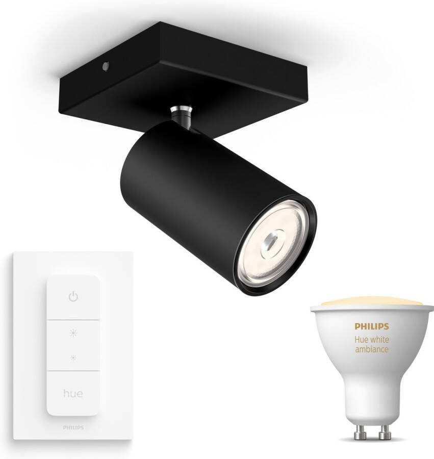 Philips Hue Philips myLiving Kosipo Opbouwspot Zwart Incl. White Ambiance GU10 en Dimmer Switch Spotjes Opbouw 1 Spot Werkt met Alexa en Google Home