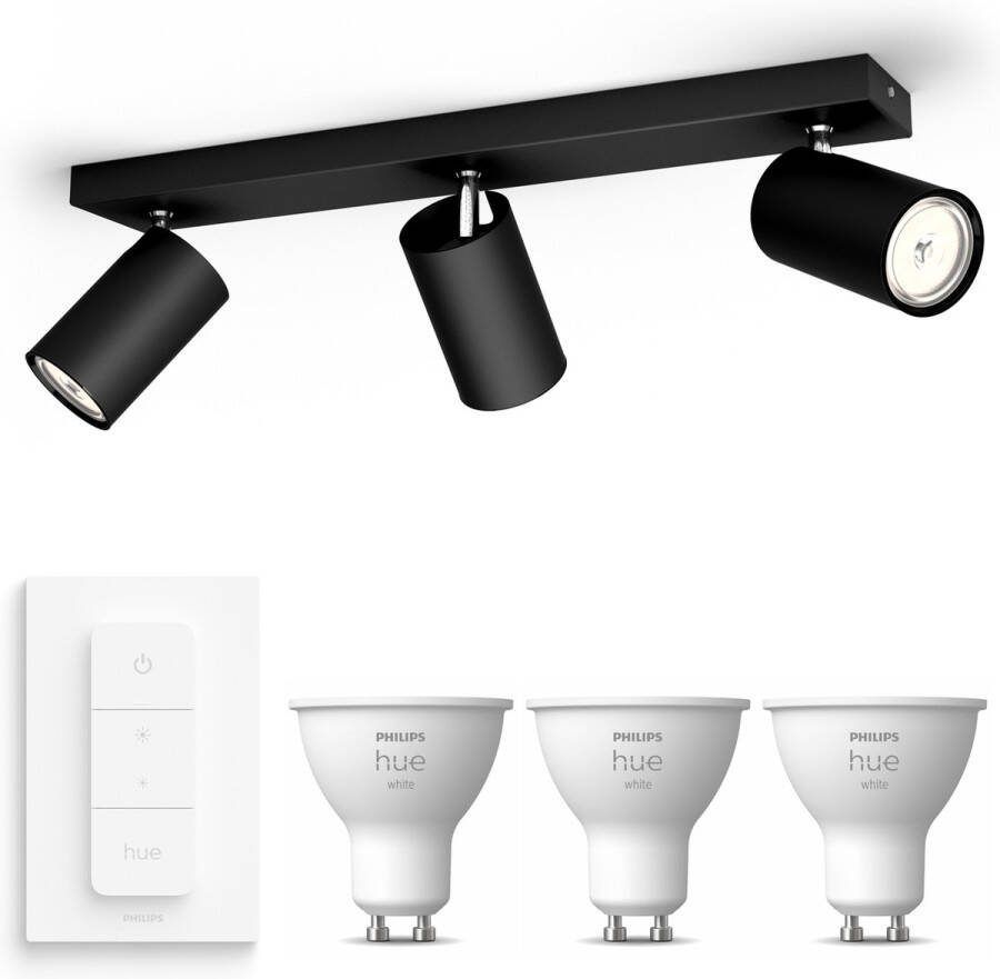 Philips Hue Philips myLiving Kosipo Opbouwspot Zwart Incl. White GU10 en Dimmer Switch Spotjes Opbouw 3 Spots Werkt met Alexa en Google Home