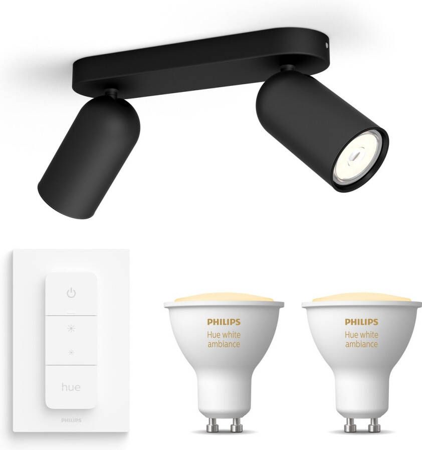 Philips Hue Philips myLiving Pongee Opbouwspot White Ambiance GU10 2 Hue Lampen en Dimmer Switch Warm tot Koelwit Licht Dimbare Plafondspots Zwart