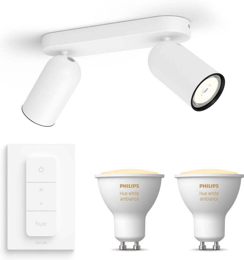 Philips Hue Philips myLiving Pongee Opbouwspot White Ambiance GU10 2 Hue Lampen en Dimmer Switch Warm tot Koelwit Licht Dimbare Plafondspots Wit