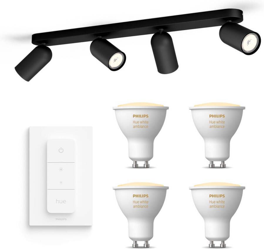 Philips Hue Philips myLiving Pongee Opbouwspot White Ambiance GU10 4 Hue Lampen en Dimmer Switch Warm tot Koelwit Licht Dimbare Plafondspots Zwart