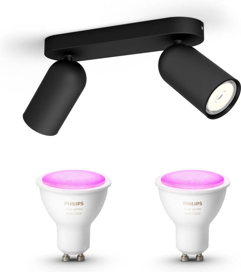 Philips Hue Philips myLiving Pongee Opbouwspot White & Color Ambiance GU10 2 Hue Lampen Wit en Gekleurd Licht Dimbare Plafondspots Zwart