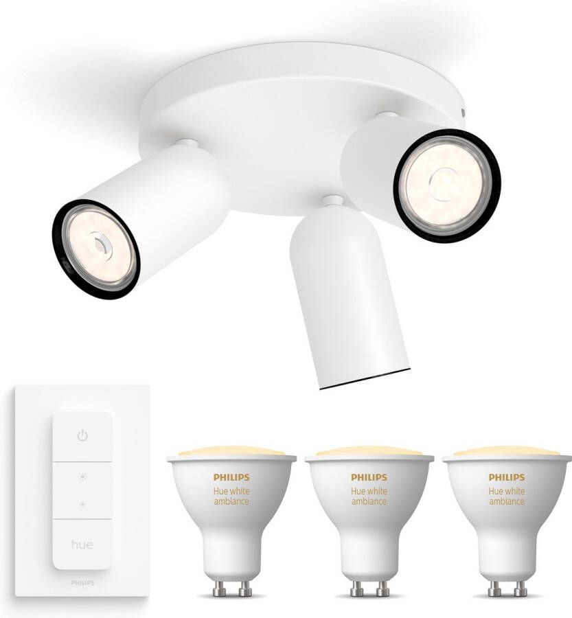 Philips Hue Philips myLiving Pongee Opbouwspot Wit- 3 Lichtpunten Spotjes Opbouw Incl. White Ambiance GU10 & Dimmer Bluetooth